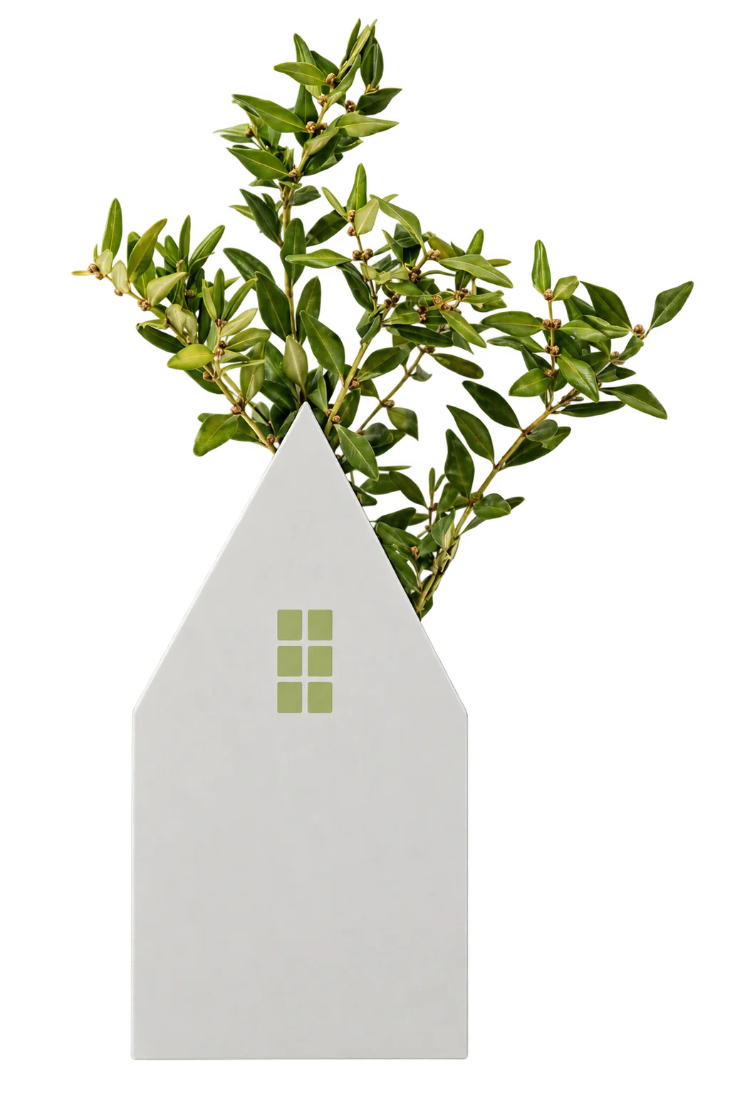 Vase gris en forme de maison avec une branche d’olivier